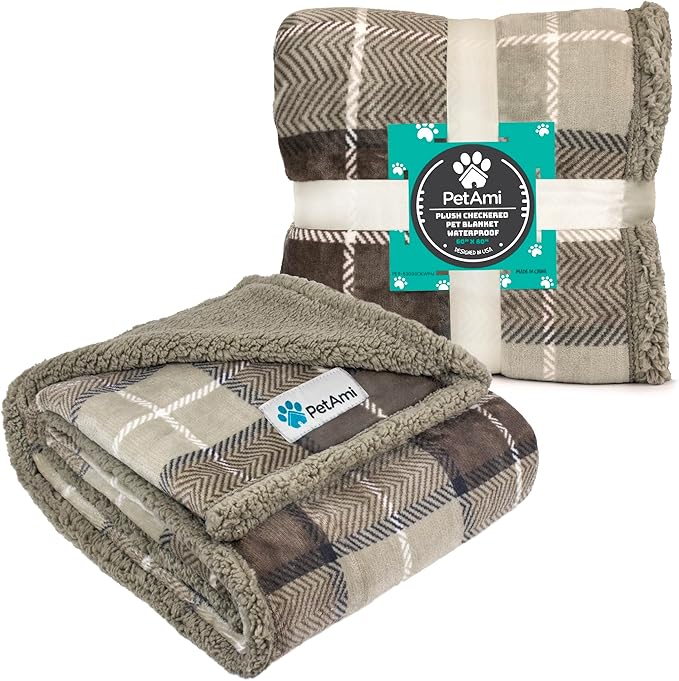 PetAmi Waterproof Dog Blanket for Small Medium Dog Puppy Cat Throw for Couch Cover Leakproof Protection, Sherpa Fleece, Reversible Soft Washable 29x40 Plaid Taupe