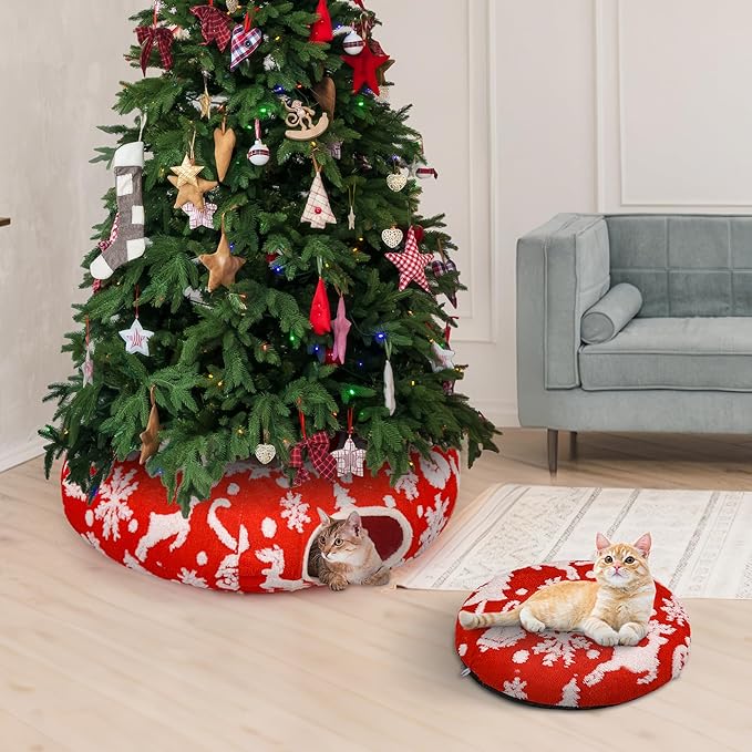 Christmas Cat Tunnel Bed in 3FT x 3FT x 10IN-Cute Cat Tube Christmas Tree Skirt with Ball,Foldable Round Pet Toy with Washable Mat for Keeping Indoor Cats Off Xmas Tree, Red