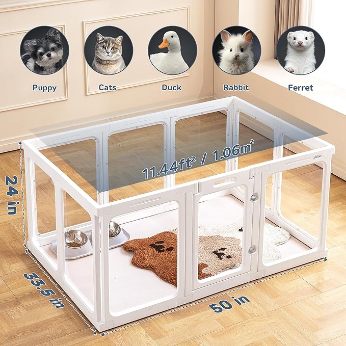 Jalove Acrylic Dog Playpen Indoor, 24“ H Plastic Pet Playpen with Door, Clear Pet Play Pen for Puppy Cat Rabbit Ferret, Easy Assemble Dog Pen, Preferable for Small Cage, White 10 PCS