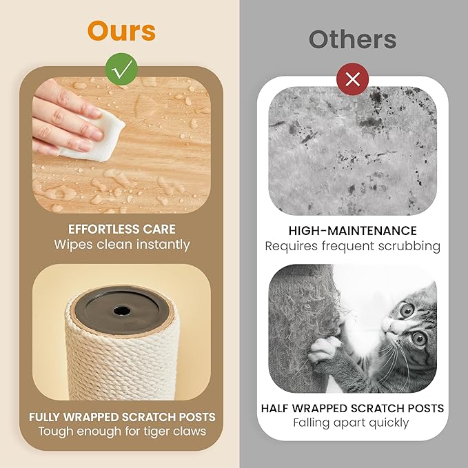 Modern Cat Tree - 64 inch Cat Tower for Indoor Cats, Multi-Level Cat Condo with 7 Fully Wrapped Scratching Posts, 2 Perches, Hammock, Removable Pad & Dangling Balls-Light Brown