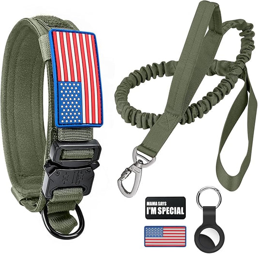 Tactical Dog Collar and Bungee Leash, Camo Military Dog Collar & Leash Set with USA American Flag Adjustable K9 Collar with Heavy Duty Metal Buckle & Handle,with Patches and Airtags Case (L, Green)