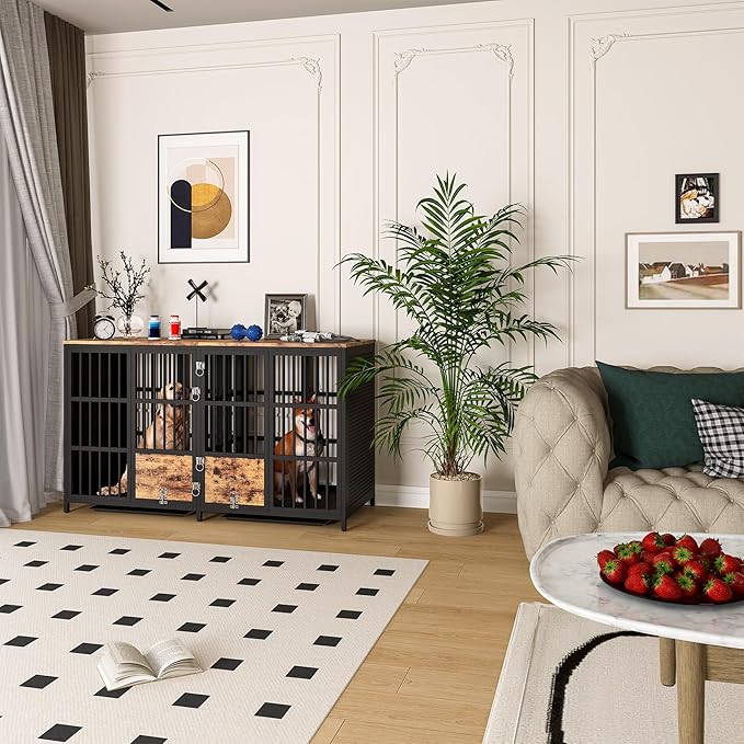 BOINN Large Dog Crate Furniture, 63 inch Heavy Duty Double Dog Crate with Divider, Extra Large Dog Kennel Furniture with Removable Trays for Medium Large Dogs