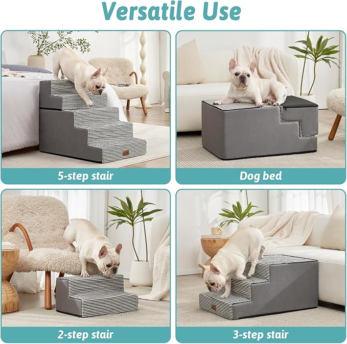 Dog Stairs for Small Dogs, 5 Tier Removable Wider Pet Stairs for Couch and Bed, 23.6" H Non-Slip Dog Steps for Puppies and Old Cats with Support Board, 19.7x29.5x23.6 inch, White Black