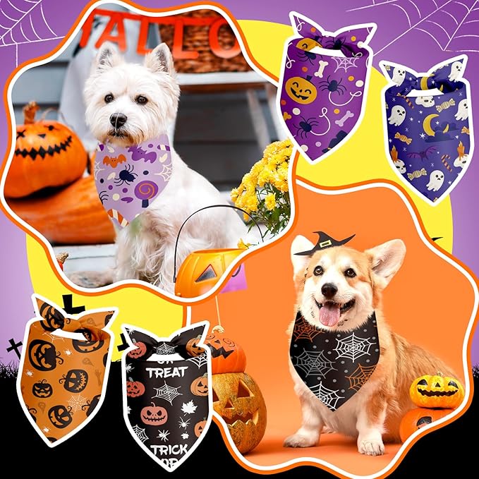 Chunful 60 Pcs Halloween Bandanas for Dogs Pumpkin Ghost Spider Patterns Soft Bibs Adjustable Triangle Doggie Scarf for Small Medium Large Pet Costume(25.6 x 17.7 x 17.7 Inch)