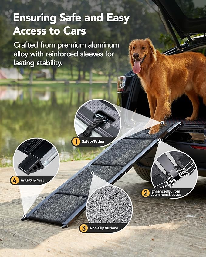 Upgraded Dog Ramp for Car 71'' X-Long & 19.7" Wider Folding Dog Ramps for Large Dogs with Non-Slip Rug Surface Portable Doggy Ramps for SUV Car & Truck, Up to 250 LBS
