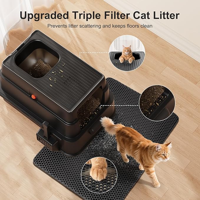 FURTIME Stainless Steel Litter Box with Lid, XL Extra Large Cat Litter Box for Big Cats, Enclosed Drawer Metal Litter Boxs with High Sided Enclosure & Mat, Front & Top Entry, Odor Free, Anti-Leakage