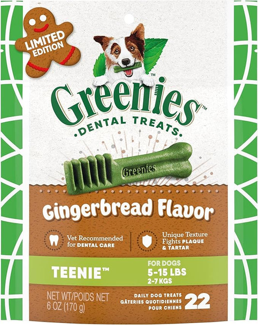 Greenies Gingerbread Flavor Teenie Size, Veterinarian-Recommended for Dental Care, Dog Treat Chews, Great Holiday Dog Stocking Stuffers, Limited Edition, 6 oz. Pouch (22 Treats)
