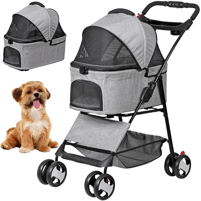 ZENY Pet Stroller, 3 in1 Foldable Dog Cat Jogger Stroller with 4 Wheels, Detachable Basket and Cup Holder, Travel Folding Carrier for Small/Medium Pet