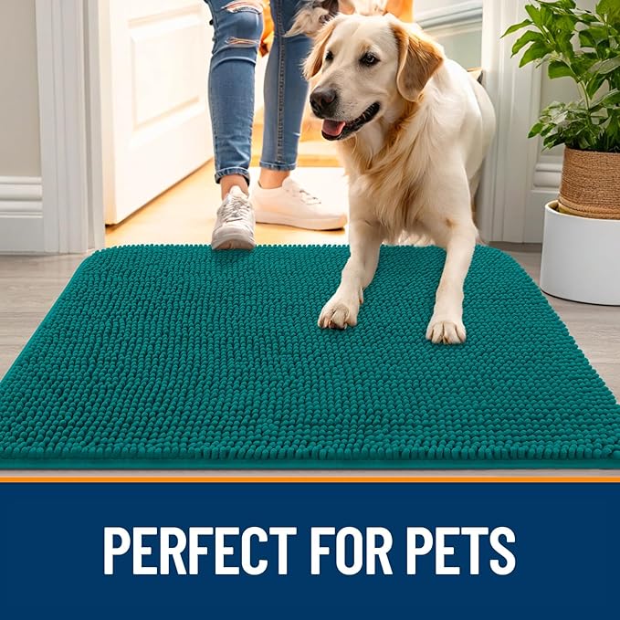 OLANLY Dog Door Mat for Muddy Paws 30x20, Absorbs Moisture and Dirt, Absorbent Non-Slip Washable Doormat, Quick Dry Chenille Mud Mat for Dogs, Entry Indoor Entryway Carpet for Inside Floor, Lake Blue