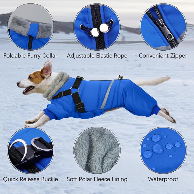 BRKURLEG Blue Dog Winter Coat, Cozy Winter Dog Jackets, Small Dogs Coat with Harness, Onesie Body Warm Puppy Christmas Jacket, Pet Reflective Cold Weather Jackets, Puppy Four-Legged Puffer Coats, S