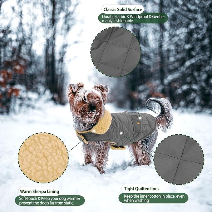 Dog Winter Coat for Small Dogs, Puppy Plaid Jacket, Pet Coat for Cold Weather, Windproof Warm Dog Jackets, Pet Thickened Outfits Indoor Outdoor, Grey XS