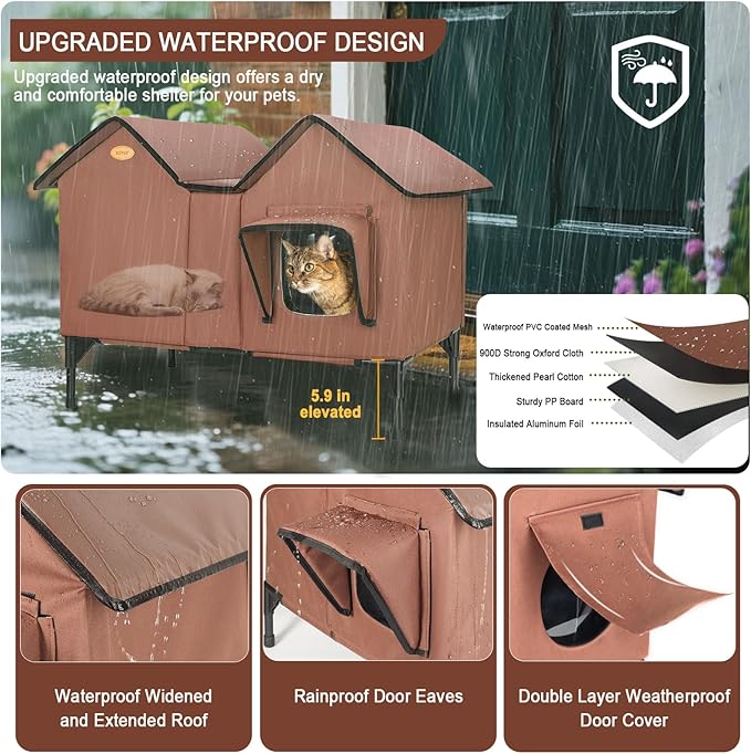 Heated Outdoor Cat House Weatherproof for Winter - Extra Large Heated Cat House for Outside, Elevated Bed, Escape Door, Fully Insulated Feral Cat Shelter for Multiple Cats Small Dogs, Easy Assembly