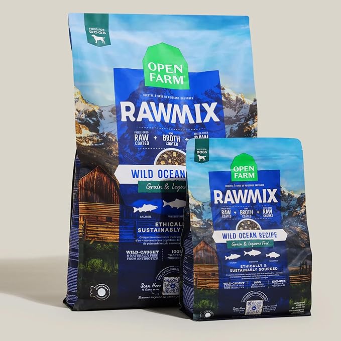 Open Farm, RawMix Grain-Free Dry Dog Food, Protein-Packed Kibble Coated in Bone Broth with Freeze Dried Raw Chunks, Salmon Whitefish & Rockfish,Wild Ocean Recipe, 3.5lb Bag