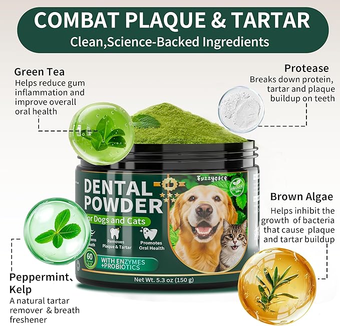 2 Pack Dog Dental Powder, Dog Teeth Cleaning Powder with Natural Herbal Blend, Plaque Off Pet Tooth Cleaning lab co, Targets Tartar & Reduces Plaque & Bad Breath for Dogs & Cats, Mint -150Grams