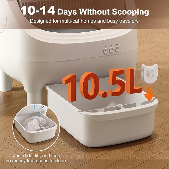 Open-Top Self-Cleaning Cat Litter Box, Automatic Litter Box for Multiple Cats with 10.5L Waste Bin, Advanced Safety Sensors, Quiet Operation, Easy to Clean (White)