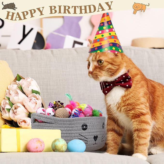 Zopeal 58 Pcs Cat Storage Basket Gift Toys Set, Colorful Flashing Balls Pet Bell Crinkle Balls Spring Toys Attract Cat to Swat, Bite, Hunt, Interactive for Pet(Grey,9.8 Inch)