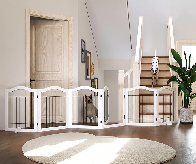 Vantas Folding No-Assembly Dog Door Pet Gate 144" Wide, 30" Tall Wooden Dog Gate with Door Walk Through, Freestanding Wire Pet Gate, Pet Puppy Safety Fence, with 2PCS Support – White