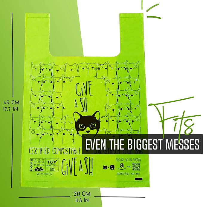 Certified Home Compostable Cat Litter Bags For Poop - 10% to Charity - Cornstarch-Based - For Cleaning Up Litter Trays - NF T51-800 Compliant - 60 Extra Large Disposable Bags