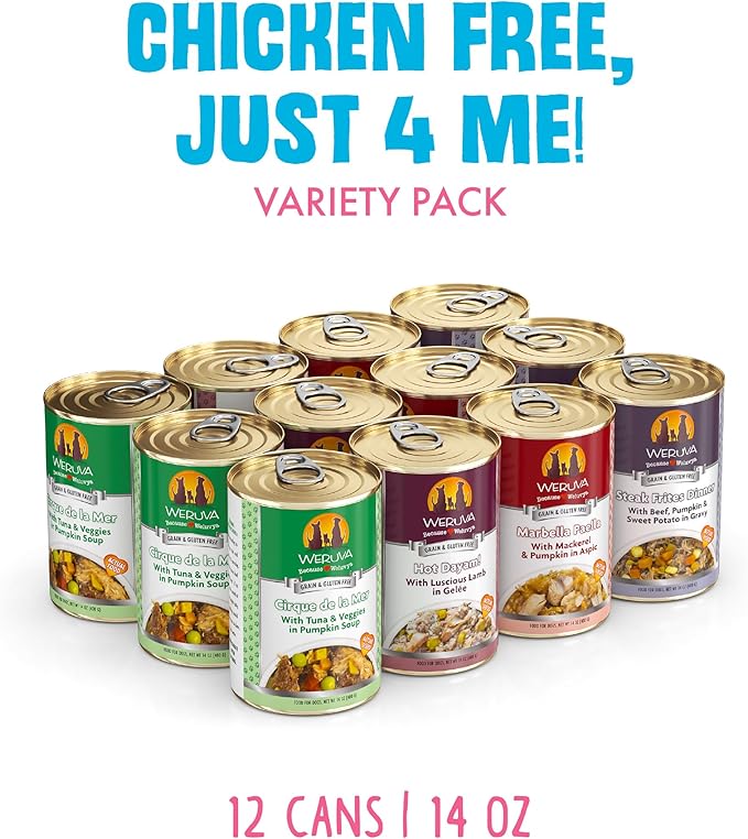 Weruva Classic Dog Food, Variety Pack, Chicken Free, Just 4 Me, Wet Dog Food, 14oz Cans (Pack of 12)