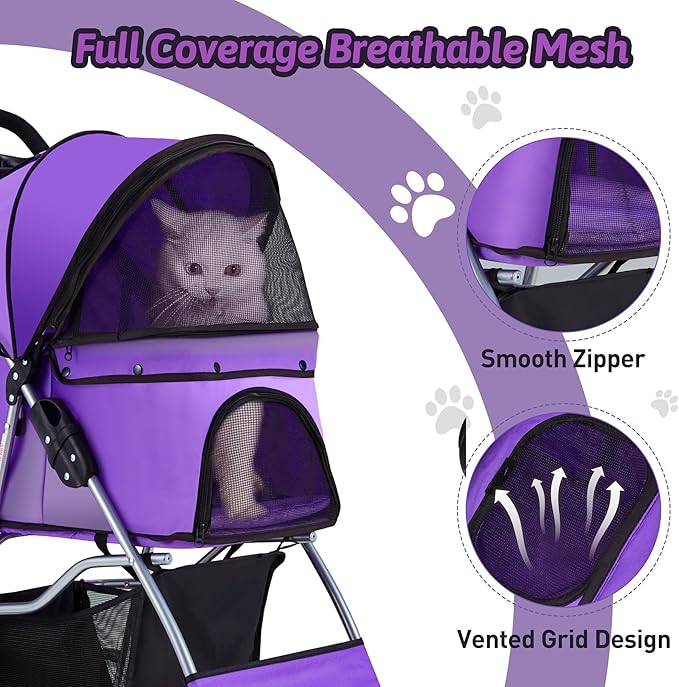 Pet Stroller, 4 Wheels Pet Strolling Cart for Medium/Small Dogs and Cats, Foldable Cat Jogger/Dog Stroller with Cup Holder, Storage Basket, Breathable Mesh, All-Season Pet Carrier, Purple