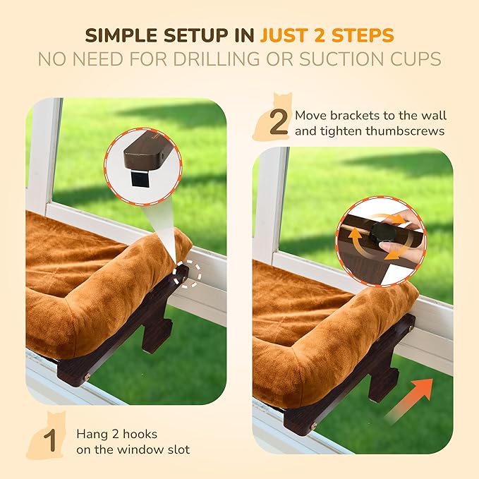 45LBS Capacity Cat Window Perch with Bolster, Hammock Seat with Plywood & Metal Frame, Cat Window Bed for Indoor Cats & Kitten, Extra Cood Pad (Walnut Wood & Brown Cushion, 24.8''W x 9.4''H)