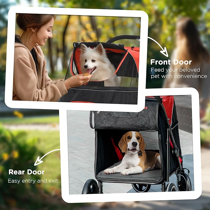 PawHut Dog Stroller for Large Medium Small Dogs up to 66 Lbs. 23.5" in Body Length, One-Click Foldable Pet Cat Stroller with Storage, Shock Absorption Wheels, Mesh Window, Safety Leash, Red