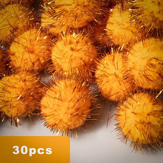 VAPKER 30 Piece 1.5" Orange Color Sparkle Balls Cat's Favorite Toy Tinsel Pom Poms Glitter