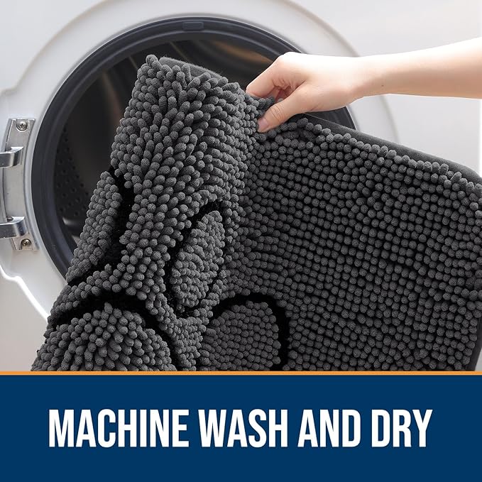 OLANLY Dog Door Mat for Muddy Paws 36x24, Paw Print Design, Absorbs Moisture and Dirt, Non-Slip Washable Doormat, Quick Dry Chenille Mud Mat, Entry Indoor Entryway Carpet, Dark Grey and Black