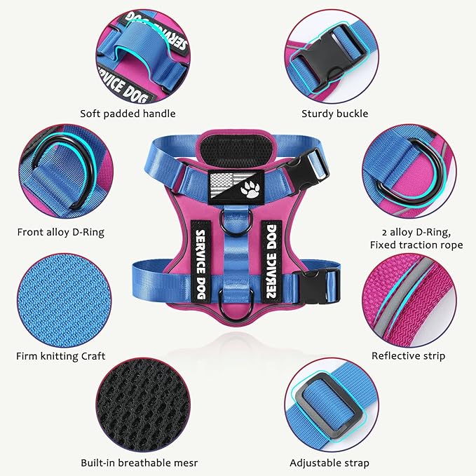 Demigreat Service Dog Harness, Reflective Dog Vest Harness with 5 PCS Patches, Adjustable Soft Oxford Pet Harness, Inner Layer Mesh, Easy to Control for Small Medium Large Dogs