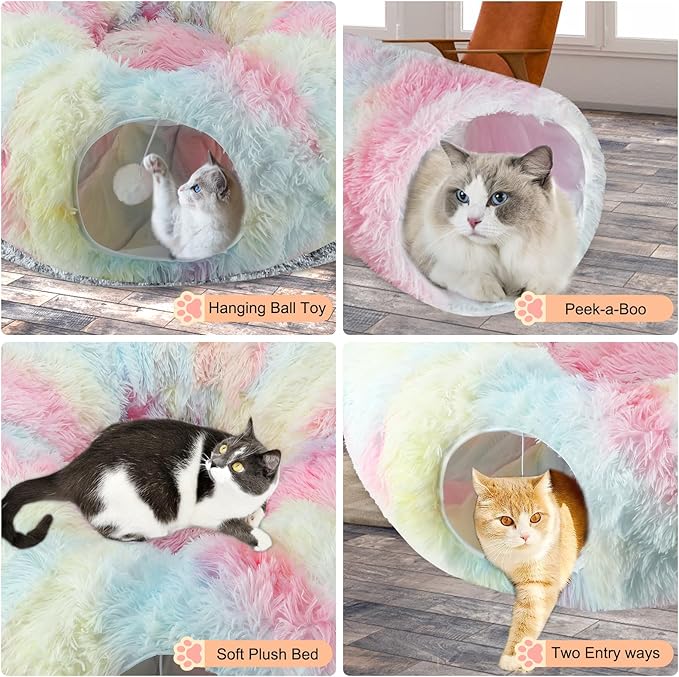 Plush Cat Tunnel Bed for Indoor Cats, Collapsible Cat Donut Tunnel with Central Mat, Fluffy Cats Cave Tube with Hanging Ball for Kitten Rabbit Puppy Ferret (Color)