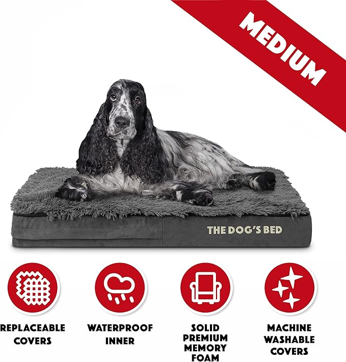 The Dog’s Bed Orthopedic Memory Foam Dog Bed, Medium Grey Fur 34x22, Pain Relief for Arthritis, Hip & Elbow Dysplasia, Post Surgery, Lameness, Supportive, Calming, Waterproof Washable Cover