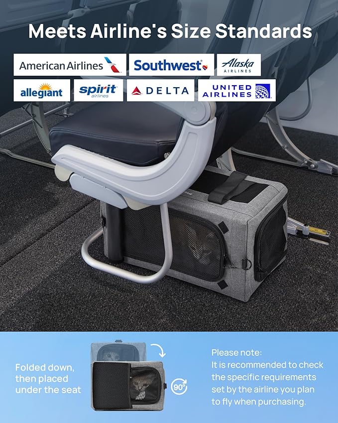 Airline Approved Cat Carrier, Pet Carrier Soft-Sided, Portable Dog Carrier with Stable Structure, TSA Approved Pet Carrier for Pets Less Than 12lbs, Cat Carrier Bag Suitable for Travel, Gray