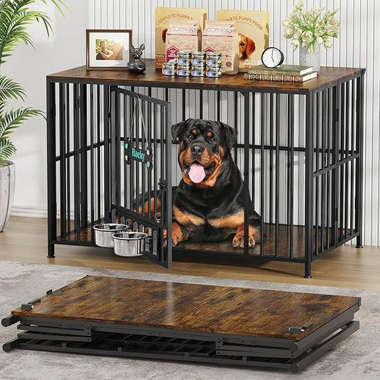 Easycom 43" Dog Crate Furniture Foldable, No Assembly Decorative Dog Kennel Indoor, XL Dog Crates for Large Dogs (60-80 lbs), Wooden Dog Cage with Adjustable Bowls and Name Tag, Rustic Brown