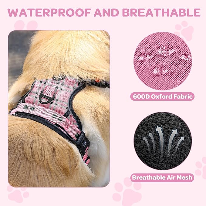 FURRYFECTION Plaid Dog Harness for Medium Dogs | No Pull Reflective Pet Harness | No Choke Adjustable Dog Vest Harnesses | with Leash | Easy Control Handle | Front Lead | Seat Belt | Pink&Black| M