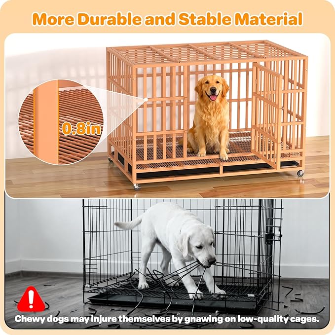 Heavy Duty Indestructible Dog Crate 48 Inch with Removable Tray, Sizes & Colors Optional, Escape Proof Double Door High Anxiety Cage Indoor, Kennel with Wheels for Large Dogs, XL XXL XXL