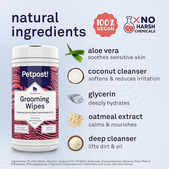 Petpost Grooming Wipes for Dogs | 70 Count Large Deodorizing Dog Cleaning Wipes with Coconut Extract & Aloe | Gentle Pet Wipes with Cherry Blossom Scent for Full-Body Grooming