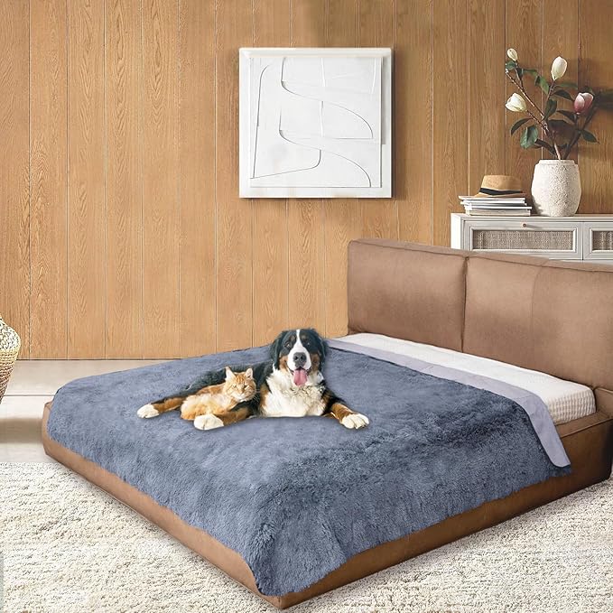 Dogs/Cats Bed Mats, Dog Pad Washable Removable Couch Cover with Anti-Slip Back, Plush Long Fur Mat, Perfect for Small, Medium and Large Dogs.(Navy Blue, 82"x82")