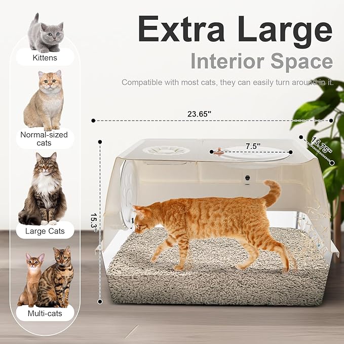 Stainless Steel Litter Box with Lid, XL Extra Large Litter Box, Enclosed Top Entry Metal Litterbox for Big Cats, Easy Cleaning, Anti-Leakage & High Sided with Mat, Aisle & Scoop, Beige