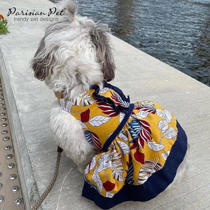 Parisian Pet Tribal Leaves Summer Dress - Magic Strap Closure Dog Beach Outfit - Lightweight and Breathable Dress for Small Dogs Girl XS