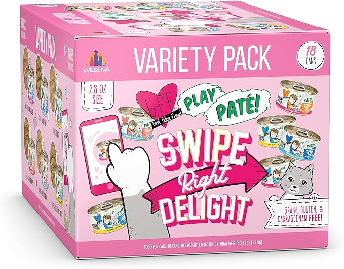 Weruva B.F.F. Play - Best Feline Friend Paté Lovers, Aw Yeah!, Swipe Right Delight Grain-Free Natural Wet Cat Food Variety Pack, 2.8oz Can (Pack of 18)