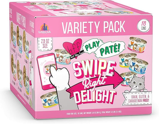 Weruva B.F.F. Play - Best Feline Friend Paté Lovers, Aw Yeah!, Swipe Right Delight Grain-Free Natural Wet Cat Food Variety Pack, 2.8oz Can (Pack of 18)
