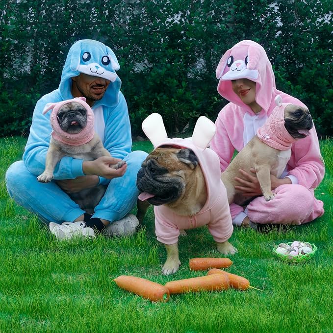 iChoue Dog Costume Ear Muffs Calming Hoodie Anxiety Relief Band Noise Canceling Headband Ear Protection Cover Force Drying Grooming Tool Knitted Snood Hood - Pink Easter Bunny, Small