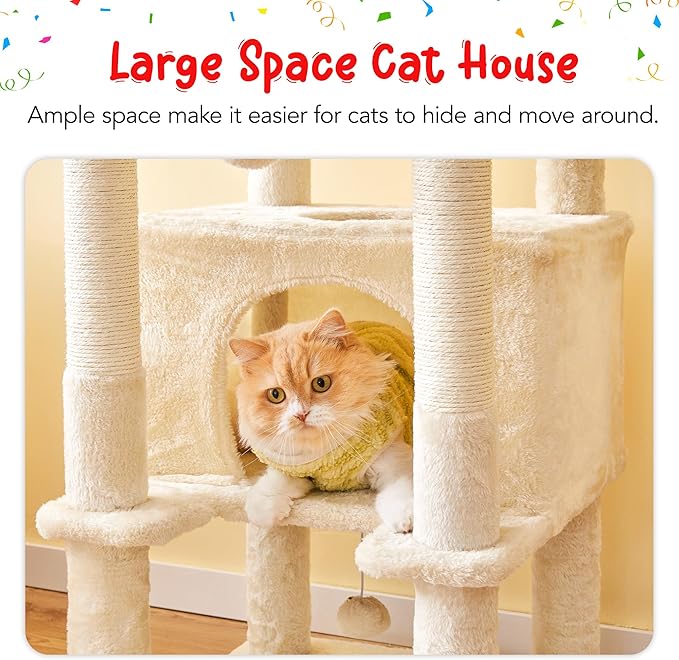 66-Inch Tall Cat Tree for Indoor Cats, Multi-Level Large Cat Tower with 3 Hammocks, 2 Padded Perches, cat Tree Tower with Scratching Post and Hanging Toys for Large Adult, Beige