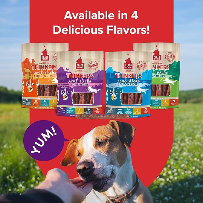 Plato Pet Treats Thinkers - Meat Sticks for Dogs - Limited Ingredient Treats with EPA and DHA to Support Skin, Coat, and Brain - Air-Dried - Lamb 10oz