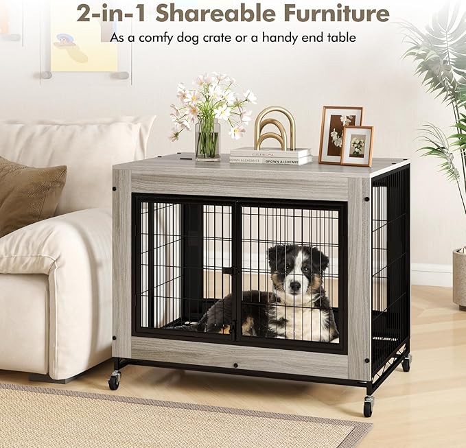 Giantex Dog Crate Furniture with Wheels, 38" Modern Dog Cage with 3 Doors, Flip Top Lid, Removable Pull-Out Tray, Decorative Dog Kennel Indoor Pet House End Table for Medium & Large Dogs (Oak Gray)