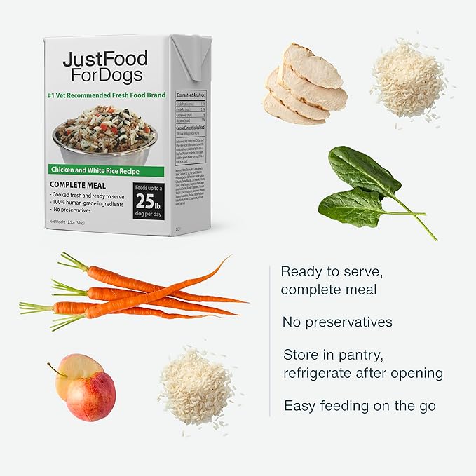JustFoodForDogs Pantry Fresh Wet Dog Food, Complete Meal or Dog Food Topper, Chicken & White Rice Human Grade Dog Food Recipe - 12.5 oz (Pack of 12)