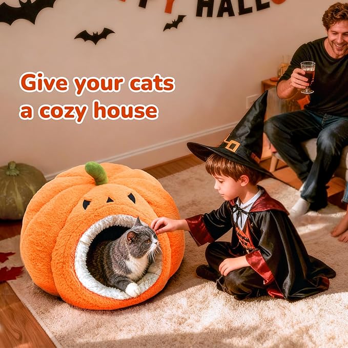 CATISM Halloween Cat Bed - Cat Bed for Indoor Cats, Cute Pumpkin Cat Beds with Warm Cushions Removable Cave with Non-Slip Bottom