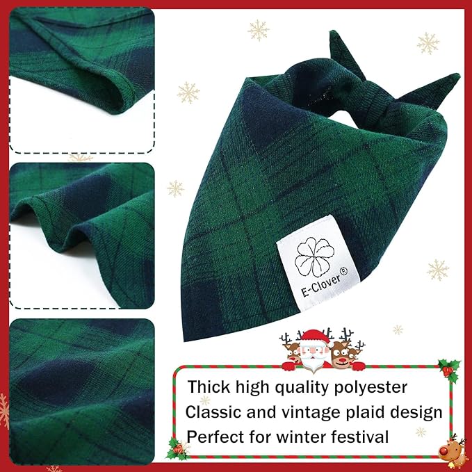 E-Clover Christmas Dog Bandanas Boy & Matching Scrunchie Set Plaid Dog Bibs Scarf Triangle Kerchief Bandana for Medium Large Dogs Birthday Gifts Pet Owner Mom Green Winter