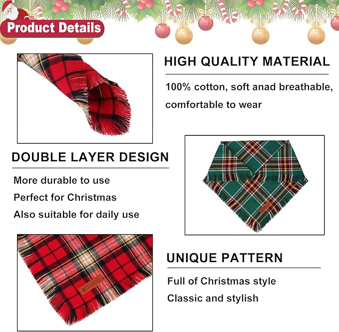 ADOGGYGO Christmas Dog Bandanas with Tassels Edges, Stylish Plaid Xmas Scarf Bib, Red Green Plaid Christmas Bandanas for Medium Large Dogs (Large)