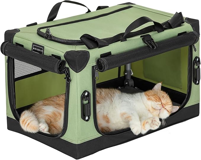 PETSFIT Soft Dog Crate, Dog Car Crate with Safety Belt Attachment Buckles and Thicken Mat, Adjustable Crate Cover, Portable & Collapsible Cat Crate Puppy Carrier Kennel, Green 20 inch